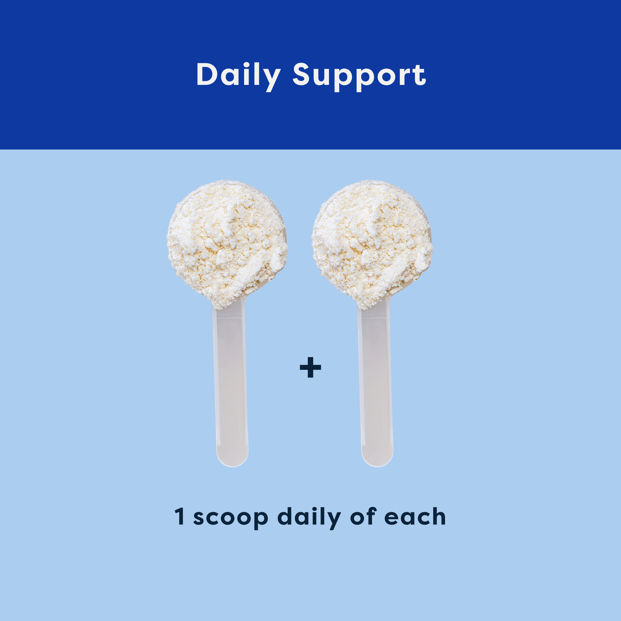 Two scoops of a powder supplement on sticks with 'Daily Support' text on a blue background.