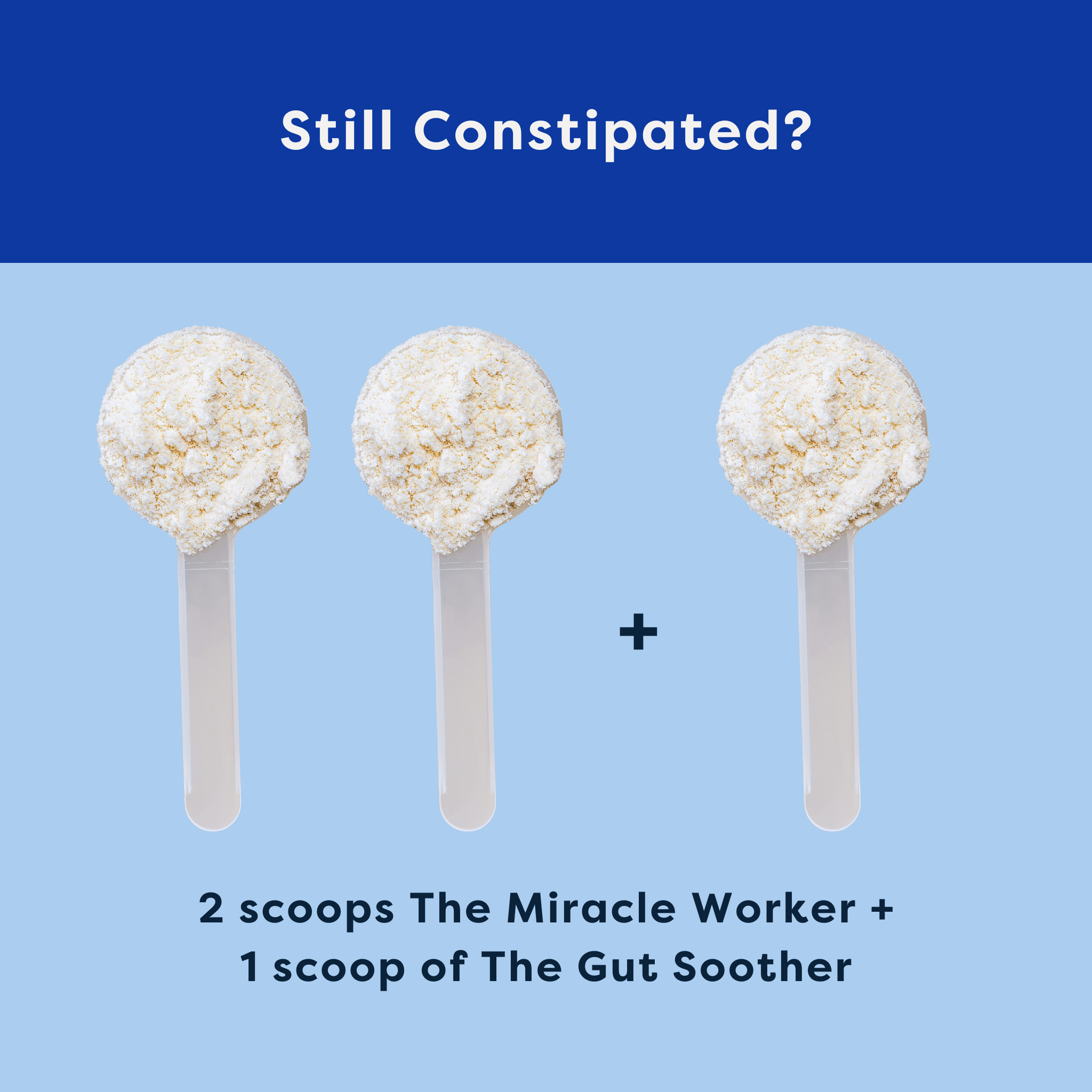 Three scoops of a product on sticks with text about constipation relief on a blue background