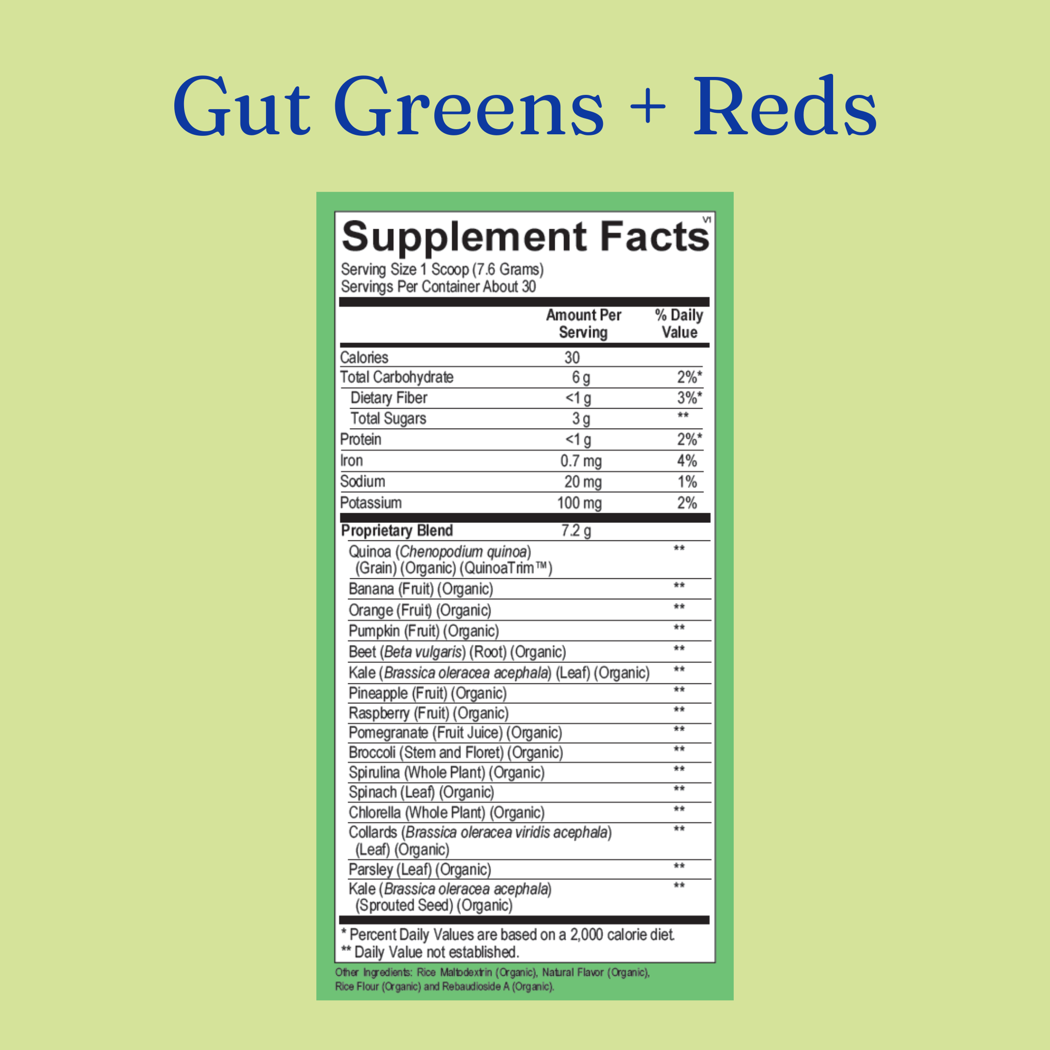 image of the list of supplement facts of the gut greens and reds by gutpersonal