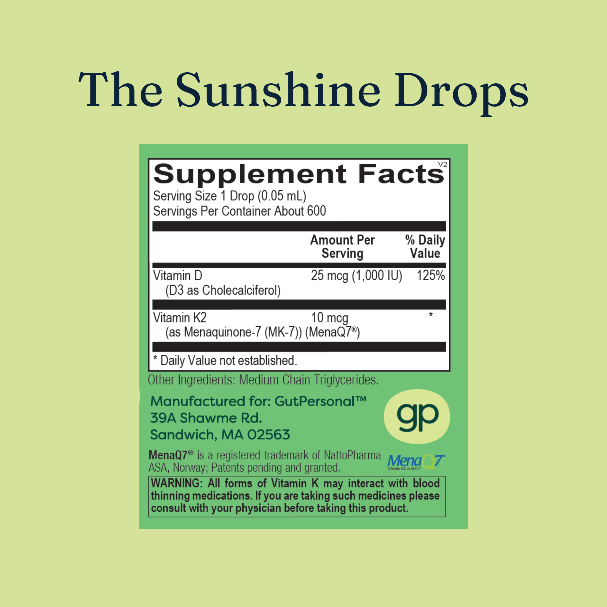 image of the list of supplement facts of the sunshine drops by gutpersonal