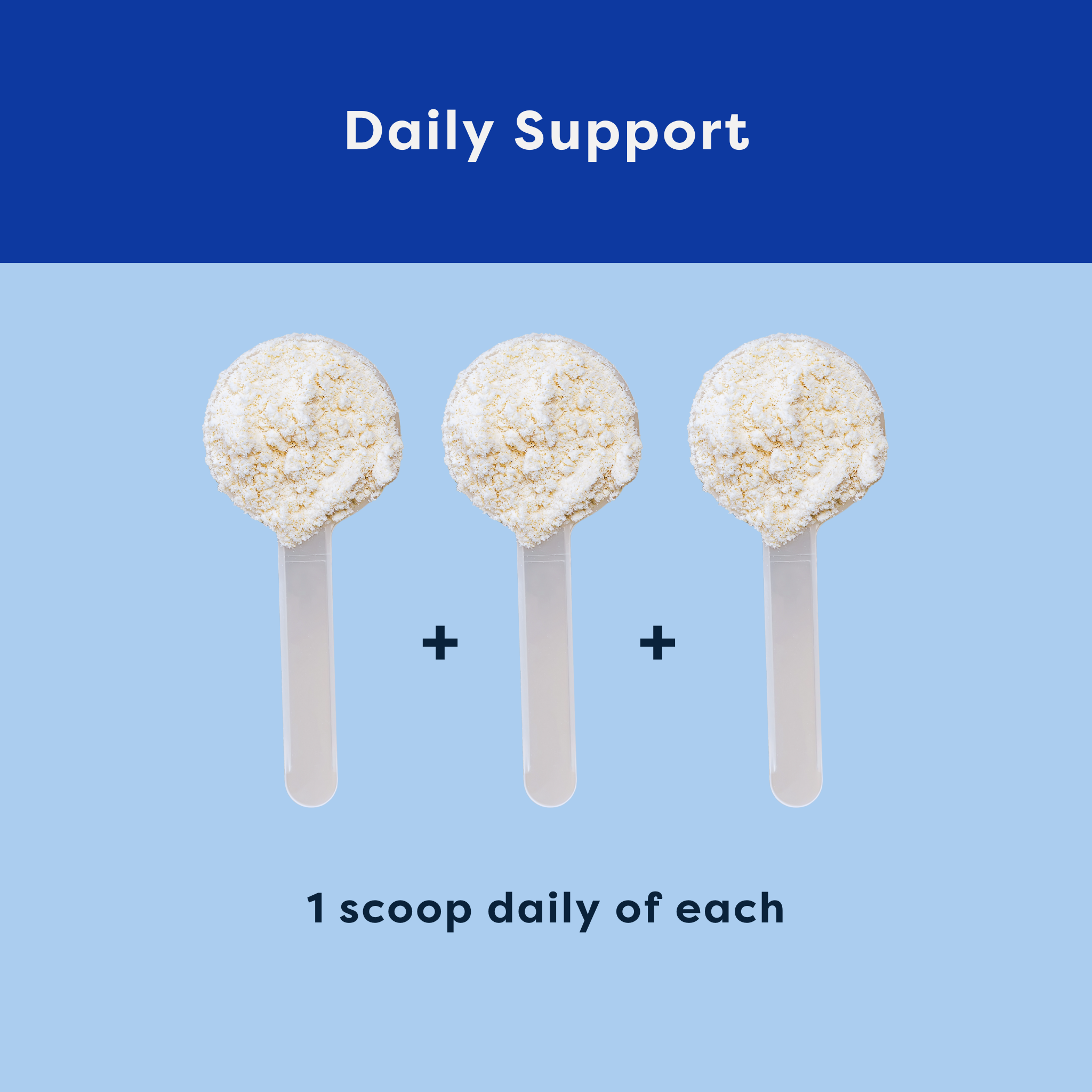 Three scoops of a powdered supplement on sticks with 'Daily Support' text on a blue background.