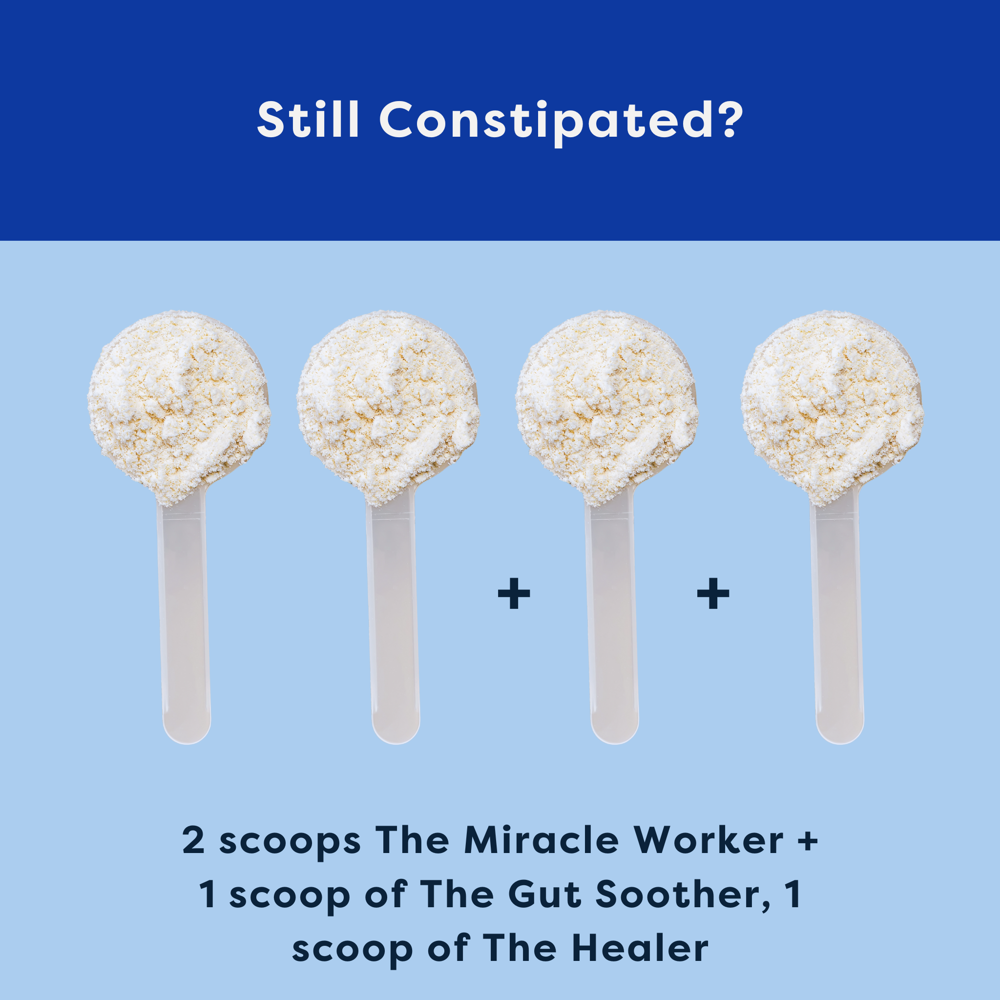 Four scoops of a product on sticks with text about constipation relief on a blue background