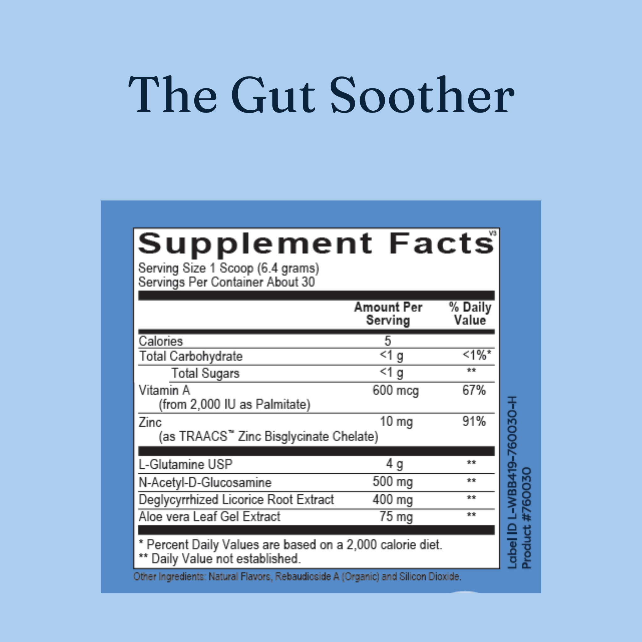 image of the list of the supplement facts inside the gut soother by gutpersonal