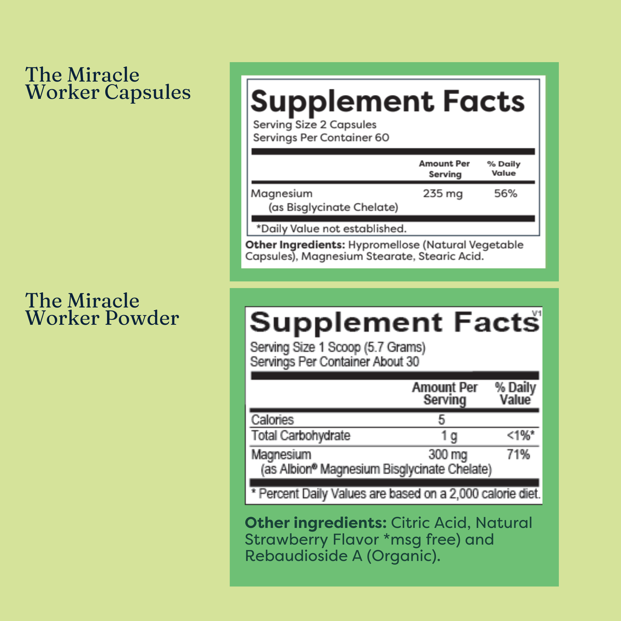 image of the list of supplement facts for both the miracle worker capsules and the miracle worker powder by gutpersonal